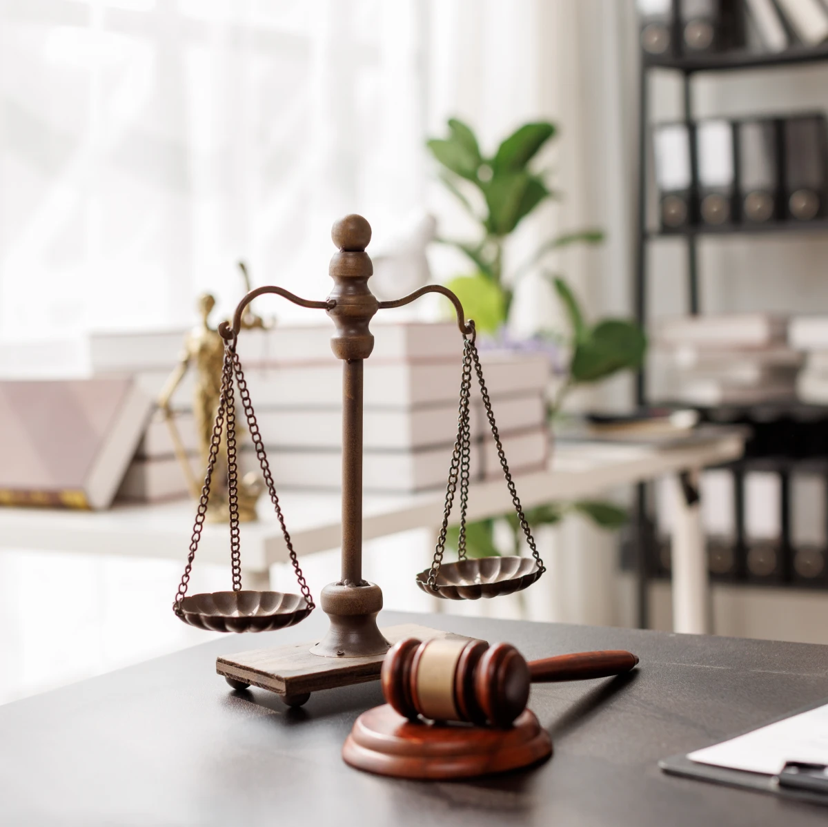 Gavel and justice scales in office